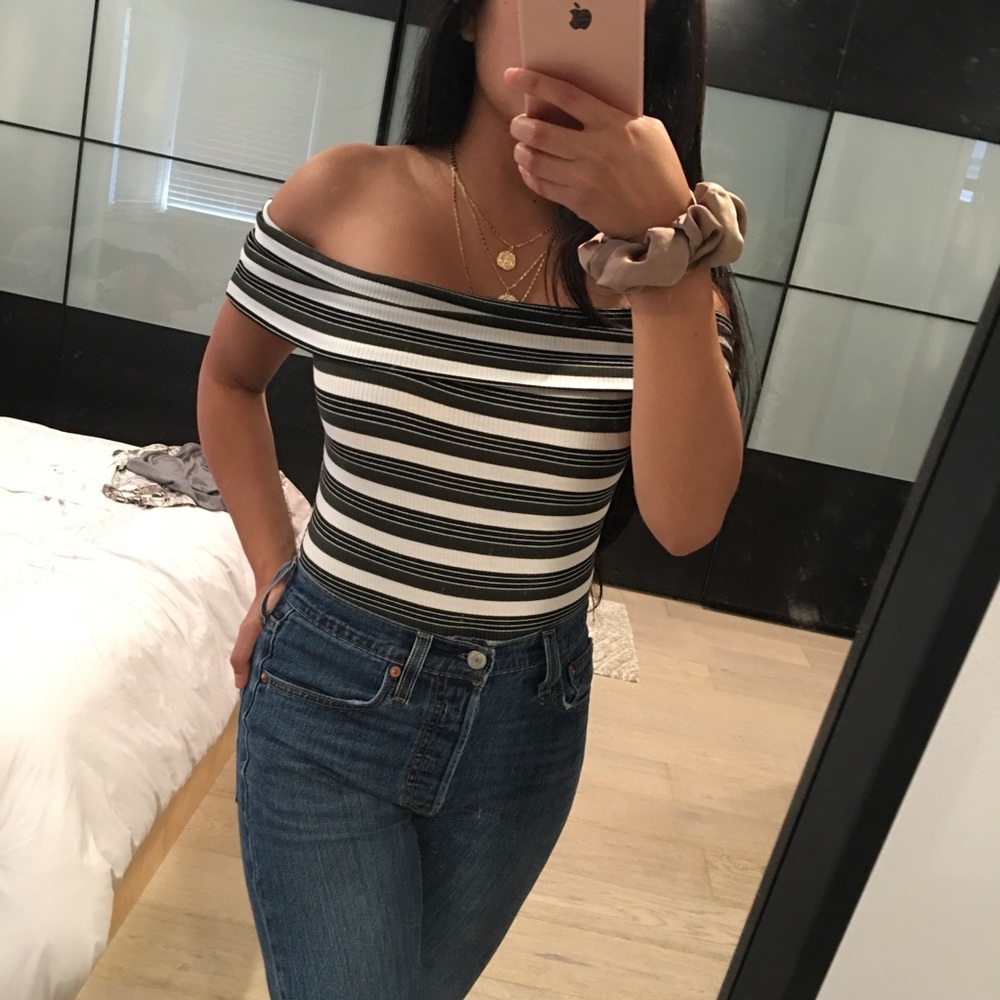 Cruizin down the St. off shoulder stripe bodysuit